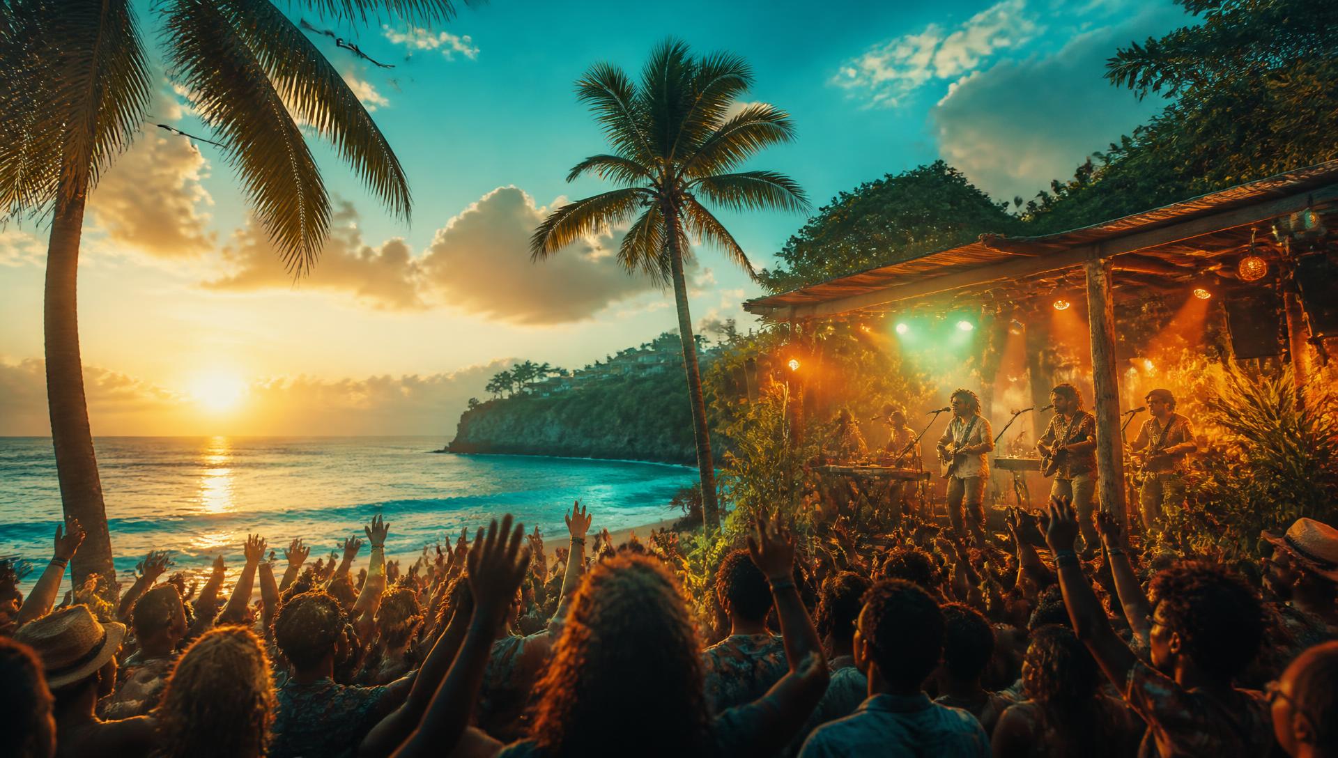 Beach concert crowd at sunset in Negril, Jamaica